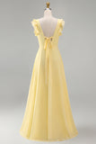 Chiffon Burgundy A Line Bateau Neck Long Bridesmaid Dress with Ruffles