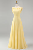 Chiffon Burgundy A Line Bateau Neck Long Bridesmaid Dress with Ruffles
