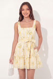 Yellow Floral Square Neck A Line Mini Graduation Dress with Belt