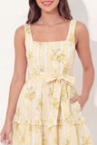 Yellow Floral Square Neck A Line Mini Graduation Dress with Belt
