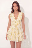 A-Line Mini Yellow Floral V-Neck Graduation Dress with Ruffles