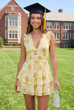 A-Line Mini Yellow Floral V-Neck Graduation Dress with Ruffles