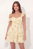A-Line Yellow Floral Ruched Mini Graduation Dress with Ruffles