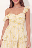 A-Line Yellow Floral Ruched Mini Graduation Dress with Ruffles