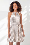 White Black Dot A-Line Halter Neck Mini Graduation Dress with Belt