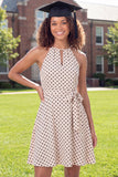 White Black Dot A-Line Halter Neck Mini Graduation Dress with Belt