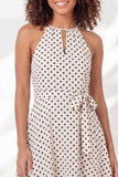 White Black Dot A-Line Halter Neck Mini Graduation Dress with Belt
