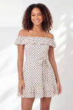 Off the Shoulder White Black Dot A-Line Ruffled Mini Graduation Dress with Belt