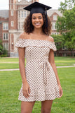 Off the Shoulder White Black Dot A-Line Ruffled Mini Graduation Dress with Belt