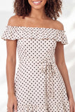 Off the Shoulder White Black Dot A-Line Ruffled Mini Graduation Dress with Belt