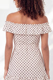 Off the Shoulder White Black Dot A-Line Ruffled Mini Graduation Dress with Belt