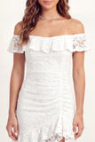 Off the Shoulder White Lace Bodycon Mini Graduation Dress with Ruffles