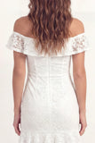 Off the Shoulder White Lace Bodycon Mini Graduation Dress with Ruffles