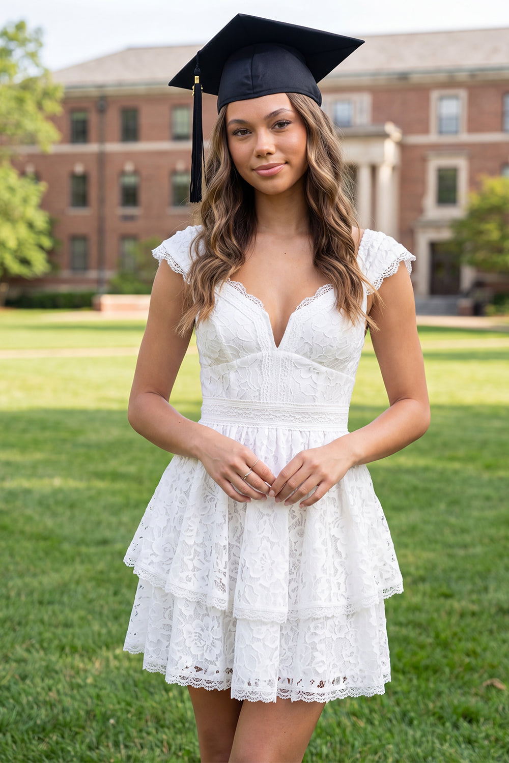 Zapaka Women White Mini Graduation Dress with Cap Sleeves V-Neck A-Line