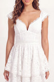 White Lace A-Line V-Neck Mini Graduation Dress with Cap Sleeves