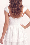 White Lace A-Line V-Neck Mini Graduation Dress with Cap Sleeves