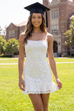 White Lace Bodycon Spaghetti Straps Mini Graduation Dress with Ruffles