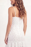 White Lace Bodycon Spaghetti Straps Mini Graduation Dress with Ruffles