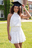 Halter Neck A-Line White Floral Mini Graduation Dress