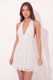 Sparkly Halter Neck A-Line White Sequins Mini Graduation Dress