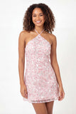 Sparkly Pink A-Line Halter Neck Sequins Mini Graduation Dress