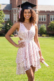 Sparkly White Pink Flower A-Line V-Neck Sequins Mini Graduation Dress with Bow