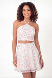 Sparkly 2 Piece White Pink Flower Halter Neck A-Line Sequins Mini Graduation Dress