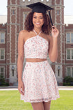 Sparkly 2 Piece White Pink Flower Halter Neck A-Line Sequins Mini Graduation Dress
