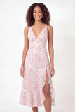 Sparkly Pink V-Neck A-Line Sequins Midi Graduation Dress with Slit