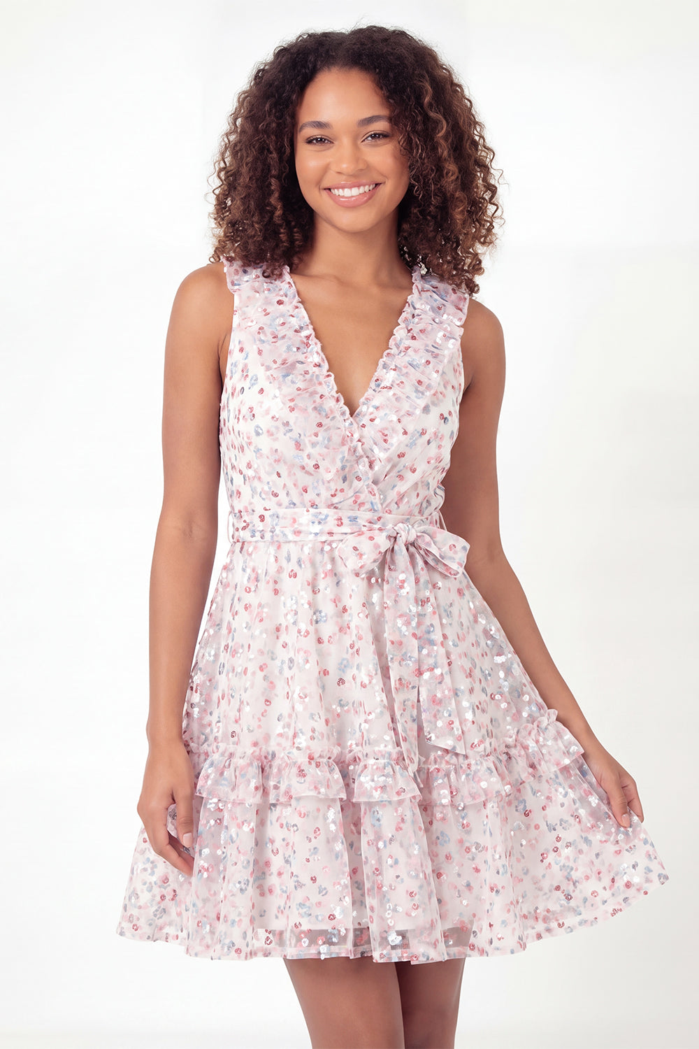 Zapaka Women White Pink Flower Mini Graduation Dress with Belt Sparkly