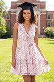 Sparkly White Pink Flower V-Neck A-Line Sequins Mini Graduation Dress with Belt