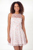 Sparkly White Pink Flower Illusion Neck A-Line Sequins Mini Graduation Dress