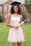 Sparkly White Pink Flower Illusion Neck A-Line Sequins Mini Graduation Dress