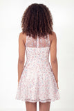 Sparkly White Pink Flower Illusion Neck A-Line Sequins Mini Graduation Dress