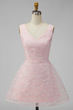 Sparkly Pink V-Neck A-Line Sequins Mini Graduation Dress