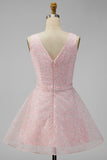 Sparkly Pink V-Neck A-Line Sequins Mini Graduation Dress