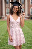 Sparkly Pink V-Neck A-Line Sequins Mini Graduation Dress