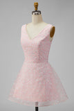 Sparkly Pink V-Neck A-Line Sequins Mini Graduation Dress