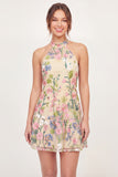 Yellow Halter Neck Tulle Floral Embroidered Mini Homecoming Dress