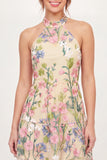 Yellow Halter Neck Tulle Floral Embroidered Mini Homecoming Dress