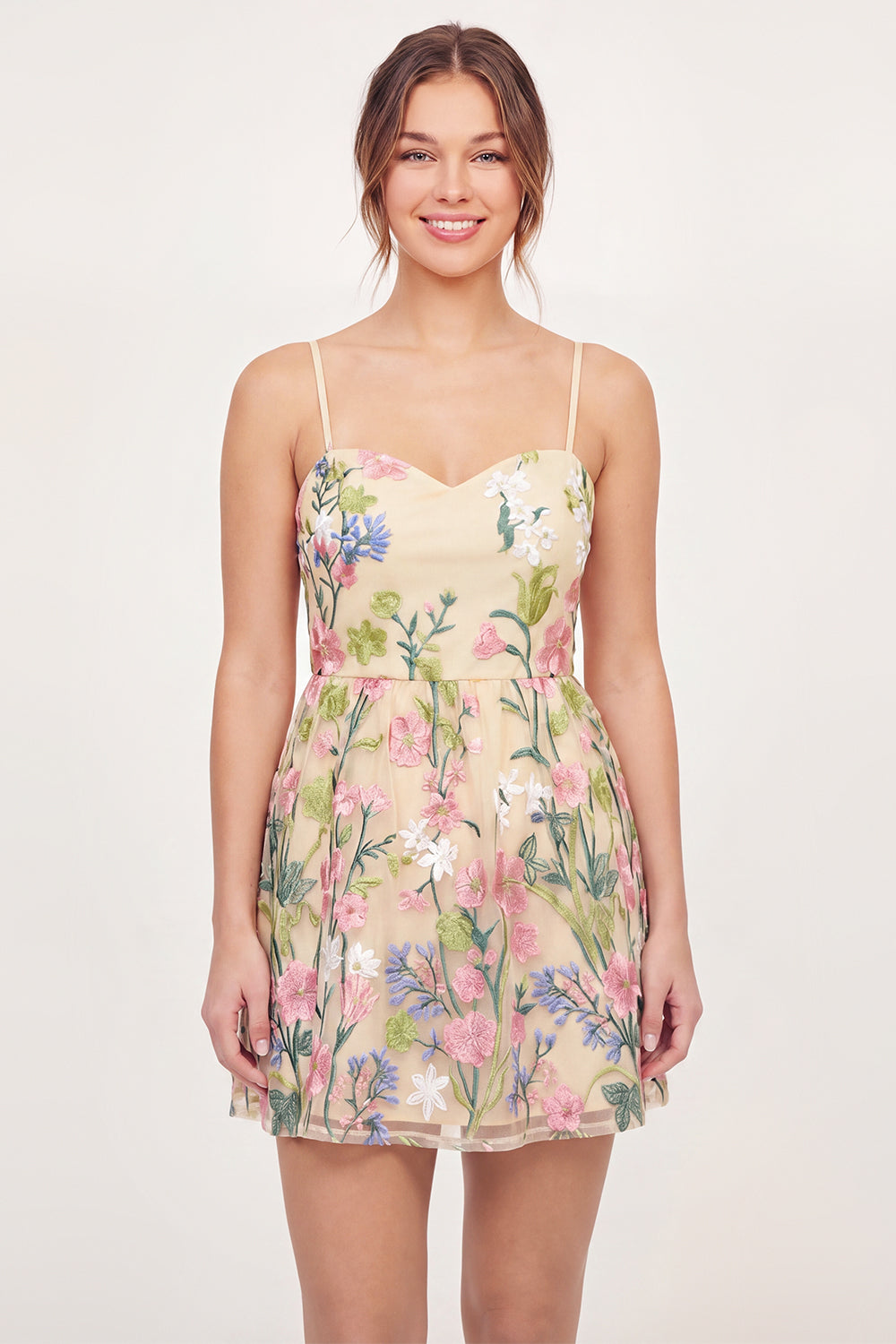 Zapaka Women Yellow Mini Graduation Dress Spaghetti Straps Tulle Floral Embroidered Cocktail Party Dress, Yellow / US16W Zapaka Women Yellow Mini Graduation Dress Spaghetti Straps Tulle Floral Embroidered Cocktail Party Dress, Yellow / US16W