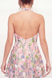 Tulle A-Line Halter Neck Floral Embroidered Pink Mini Graduation Dress