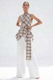 Brown Grid 2-Piece Bateau Neck Women Suits