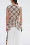 Brown Grid 2-Piece Bateau Neck Women Suits