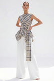 Brown Grid 2-Piece Bateau Neck Women Suits