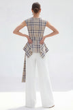 Brown Grid 2-Piece Bateau Neck Women Suits