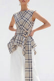 Brown Grid 2-Piece Bateau Neck Women Suits