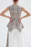Brown Grid 2-Piece Bateau Neck Women Suits