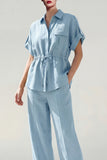 Blue Collared 2-Piece Women Suits with Pockets