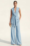 Shawl Lapel Blue 2-Piece Women Suits with Belt